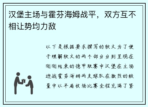 汉堡主场与霍芬海姆战平，双方互不相让势均力敌